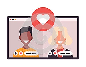 Online dating app concept with man and woman. multicultural relationship Flat Vector illustration with white blonde woman and