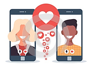 Online dating app concept with man and woman. multicultural relationship Flat Vector illustration with white blonde woman and