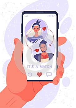 Online dating app concept on phone screen. Two young people liked each other. photo