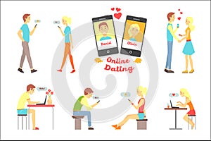 Online dating app, people finding love using dating websites and app on smartphones and computers set of vector