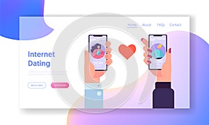 Online Dating Application Concept Landing Page. Male and Female Chatting in Social Network. Hand Holding Smartphone Website