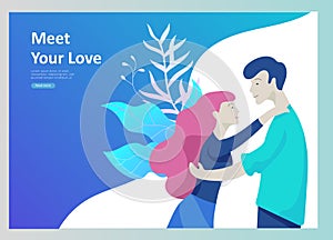 Online dating concept app login page with Funny cartoon characters couple. Modern graphic elements for web banners, web