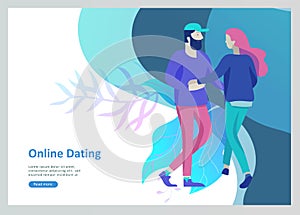 Online dating concept app login page with Funny cartoon characters couple. Modern graphic elements for web banners, web