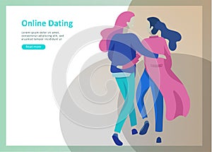 Online dating concept app login page with Funny cartoon characters couple. Modern graphic elements for web banners, web