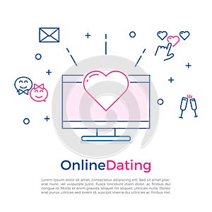 Online dating concept banner with computer, heart and other online and offline romance related icons