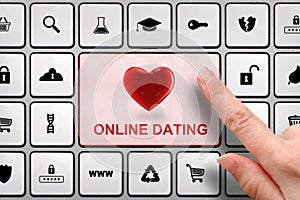 Online dating concept, girl`s finger above the big button on the keyboard