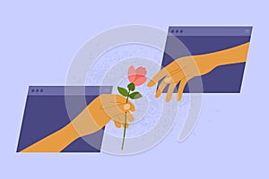 Online dating concept with human hand holding out flower for lover