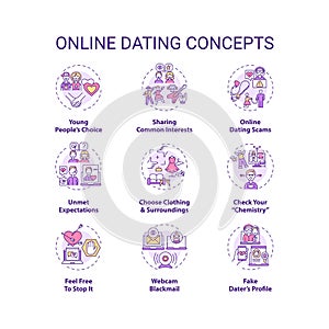 Online dating concept icons set.