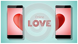 Online dating concept Love has no boundaries with two smartphones matching red heart on screen