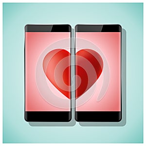 Online dating concept Love has no boundaries with two smartphones matching red heart on screen