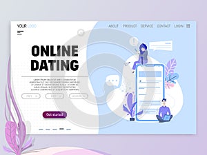 Online dating - concept mobile application template. A tiny man and woman meet through the internet. flat style