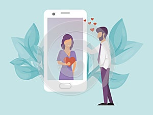 Online dating concept. Video call, virtual date vector illustration. Big phone with woman and man in love. Internet chat