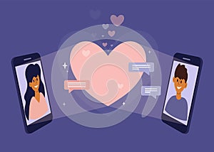Online dating concept with woman and man talking virtual by smartphone