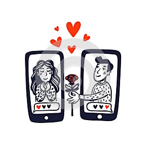 Online dating concept. Young man and woman on the screens of a mobile phone. Man giving woman a flower. Concept of