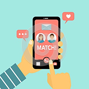 Online dating couple in love in the app on the phone concept vector illustration. They are match. Hand holding smartphone and enjo