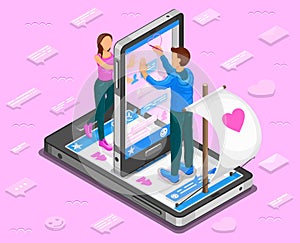 Online dating isometric concept. Teenagers chat through smartphone. Vector illustration