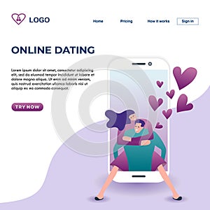 Online dating landing page design vector illustration with romantic couple modern technology style on mobile phone futuristic