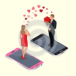 Online dating. Online dating app concept with man and woman. Flat 3d vector isometric illustration. Online internet