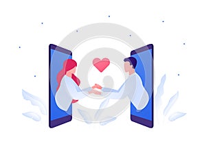 Online dating and relationship concept. Vector flat people illustration. Couple of man and woman holding hands on smart phone