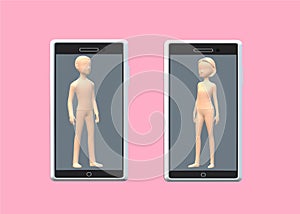 Online dating with smartphones - a male and female figure appearing on the screens of two smartphones