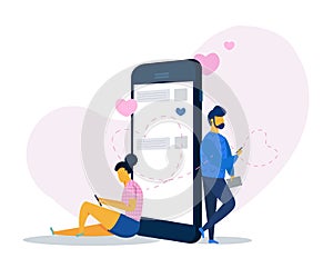 Online dating and social networking, virtual relationships concept .Male and female chatting on the Internet. Vector 3d isometric