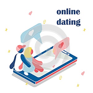 Online dating, social teenagers. Concept of network top application header. Cartoon banner 3d images isometric vector
