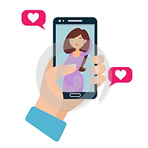 Online dating vector flat illustration concept. Hand holding smartphone with online dating app, beautiful girl portrait