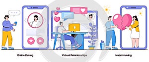 Online Dating, Virtual Relationships, Matchmaking Concept with Character. Digital Romance Abstract Vector Illustration Set.