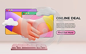 Online deal or online contract concept illustration with two 3d cartoon hands in handshake coming out from two browser windows