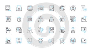 Online Defense linear icons set. Firewall, Encryption, Vulnerabilities, Malware, Cybersecurity, Authentication, Phishing