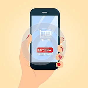 Online delivery concept. Smartphone in hand. Vector illustration.