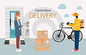 Online delivery contactless service to home,office by bicycle. delivery man is waring mark to prevent coronavirus