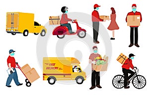 Online delivery contactless service to home,office by bicycle,motorcycle,truck. delivery man is waring mark to prevent coronavirus