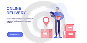 Online delivery and courier service concept. Delivery man standing in front of boxes or packages, holding box in other hand.