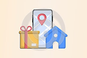 Online delivery courier service or delivery tracking mobile application concept on smartphone with packing coming out. Global logi