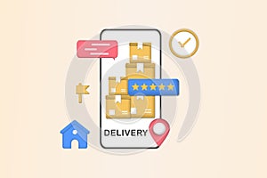 Online delivery courier service or delivery tracking mobile application concept on smartphone with packing coming out. Global logi