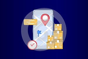 Online delivery courier service or delivery tracking mobile application concept on smartphone with packing coming out. Global logi