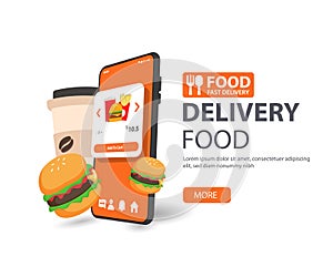 Online delivery food service concept, Hamburgers and Coffee on smartphone Vector illustration