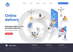Online delivery isometric landing page. Express delivery service, global shipping, online order and tracking isometry web page.