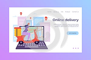 Online delivery laptop, landing vector illustration. E-commerce makes shopping fast and convenient. Purchase goods by