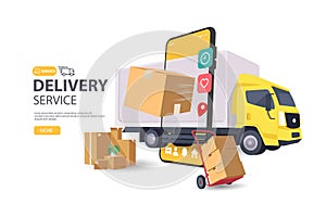 Online delivery on mobile concept. Fast respond delivery package shipping on mobile. Vector illustration