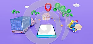 Online delivery mobile phone or online order tracking concept ,scooter driver with truck and pin at countryside on purple