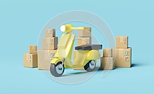 Online delivery or online order tracking concept ,Fast package shipping with scooter and goods box on isolated on blue pastel