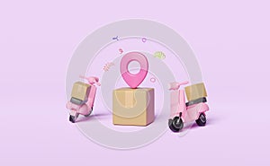 Online delivery or online order tracking pin 3d concept, Fast package shipping with scooter and goods cardboard box on isolated on