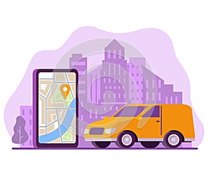 Online delivery phone.Online order tracking with map.Delivery service app on smartphone.