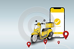 Online delivery service background concept, E-commerce concept, scooter smartphone and map pin, vector