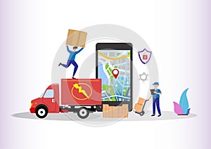 Online delivery service concept Expression of couriers delivering parcels to customers.  Flat style cartoon illustration vector