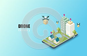 Online delivery service concept. isometric. Mobile order tracking. Delivery drones to destination. Online city logistics. Delivery