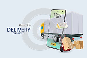 Online delivery service concept, online order tracking,Delivery home and office. City logistics. Warehouse, truck, forklift,