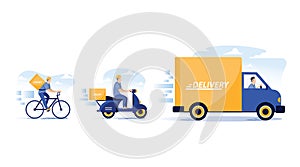 Online delivery service concept, online order tracking, delivery home and office. Warehouse, truck courier in respiratory mask